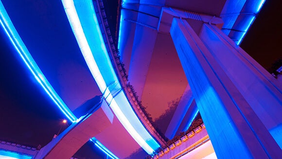 Blue and red bridge curvy architecture